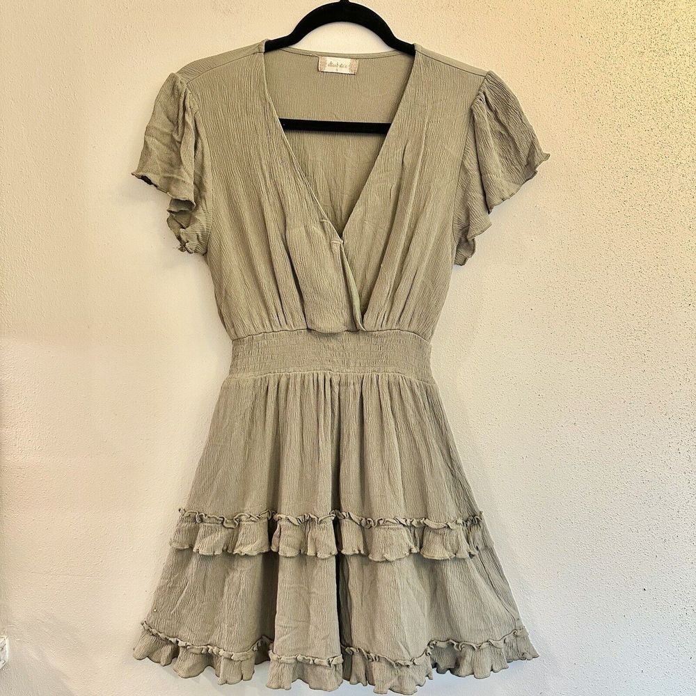 Altar'd State Olive Green V-Neck Fit & Flare Mini Dress w/ Ruffle Details Size S